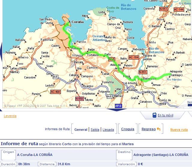 Itinerario más corto, en la guía campsa