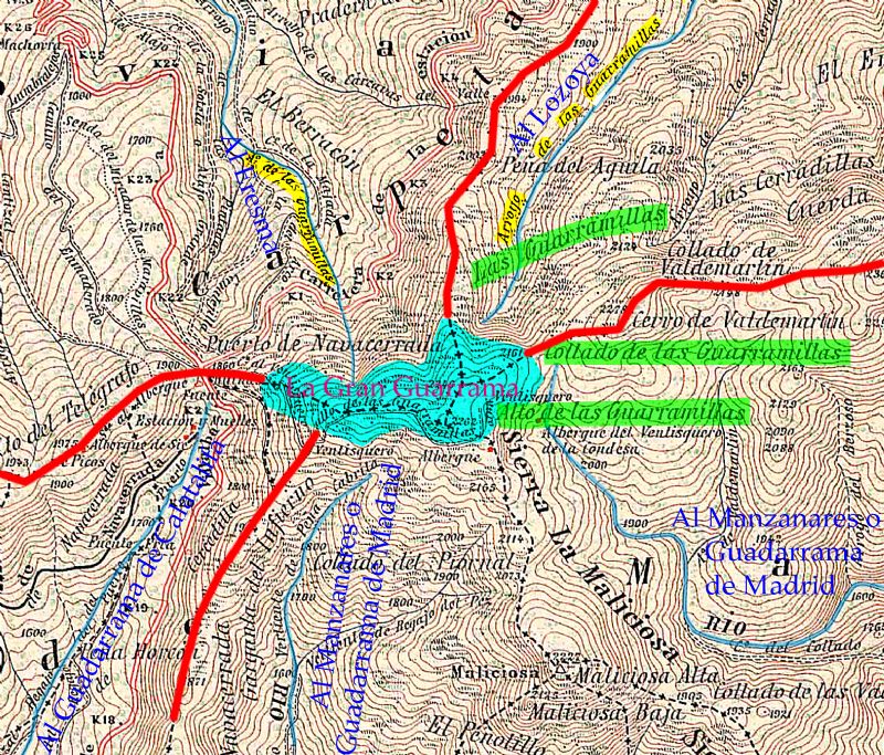 La gran guarrama - hoy bola del mundo- nudo orográfico del que se derraman las aguas del eresma -duero-, lozoya, guadarrama y manzanares -tajo-