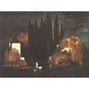 Click para ampliar. Pulsa en el nombre para ver la ficha. Isla de los muertos imaginada por Arnold Böcklin. Musée d’Orsay. Paris