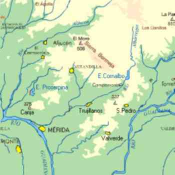 Mapa de Mérida y sus embalses de Proserpina y Cornalvo